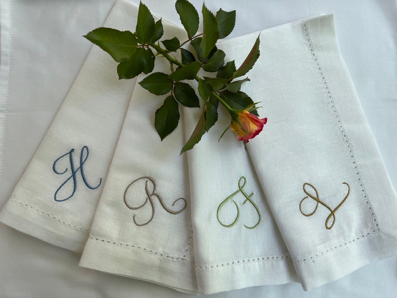 Embroidered Monogram Linen Dinner Napkins, Personalized Cotton Linen Napkins Set, Custom Initial Napkins