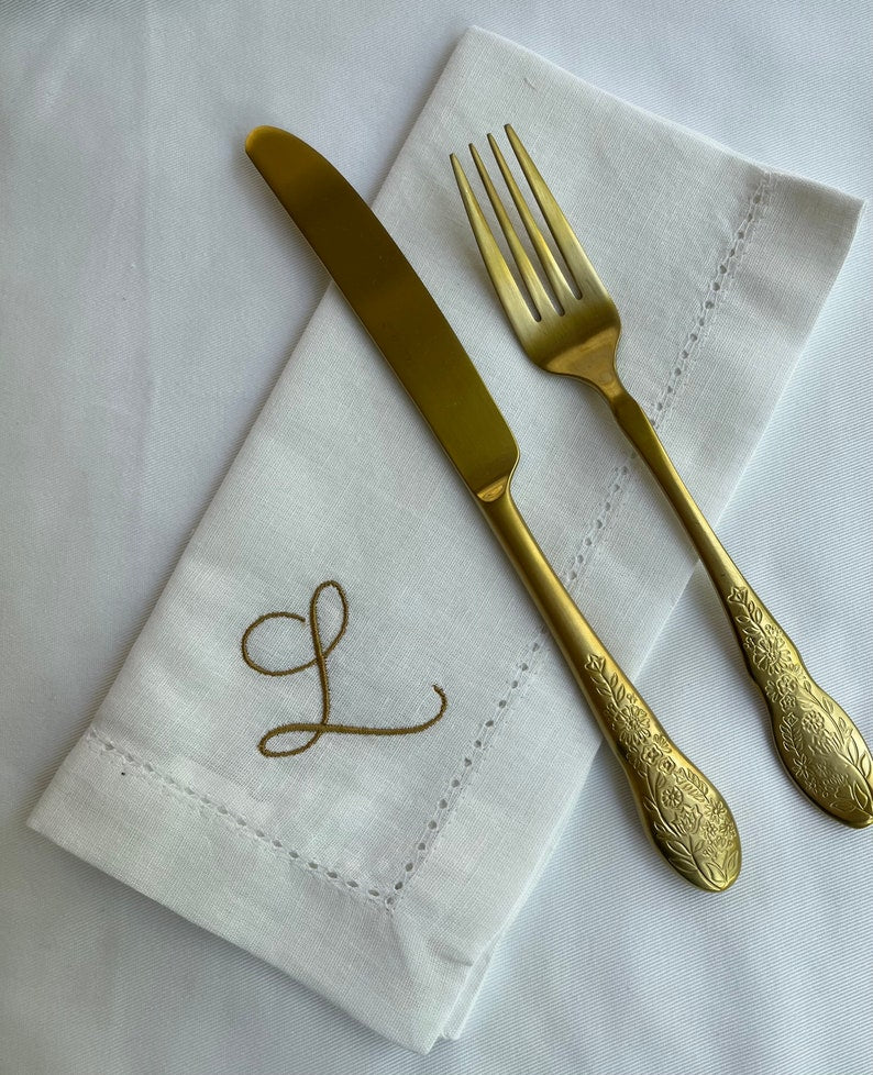 Embroidered Monogram Linen Dinner Napkins, Personalized Cotton Linen Napkins Set, Custom Initial Napkins
