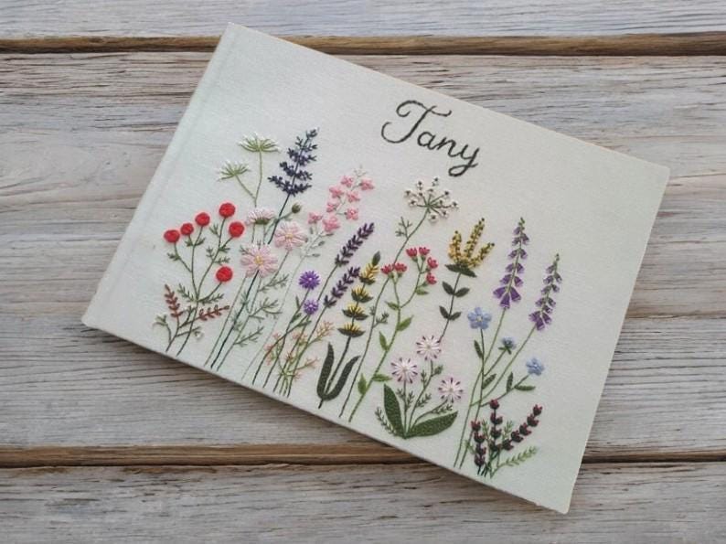 Custom Hand Embroidered Wildflowers Landscape Notebook, Memory Book, Hardbound Scrapbook