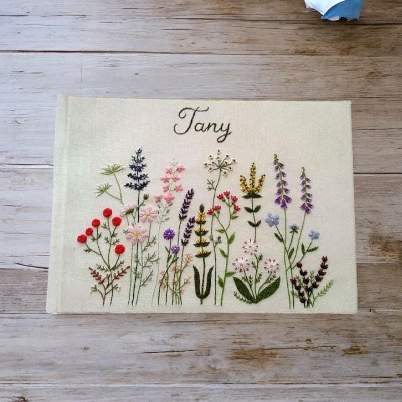 Custom Hand Embroidered Wildflowers Landscape Notebook, Memory Book, Hardbound Scrapbook