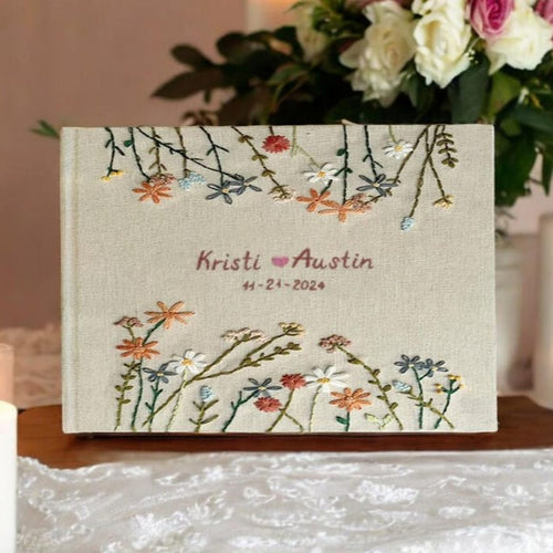 Custom Embroidered Linen Wedding Guest Book, Personalized Landscape Notebook, Hardbound Scrapbook
