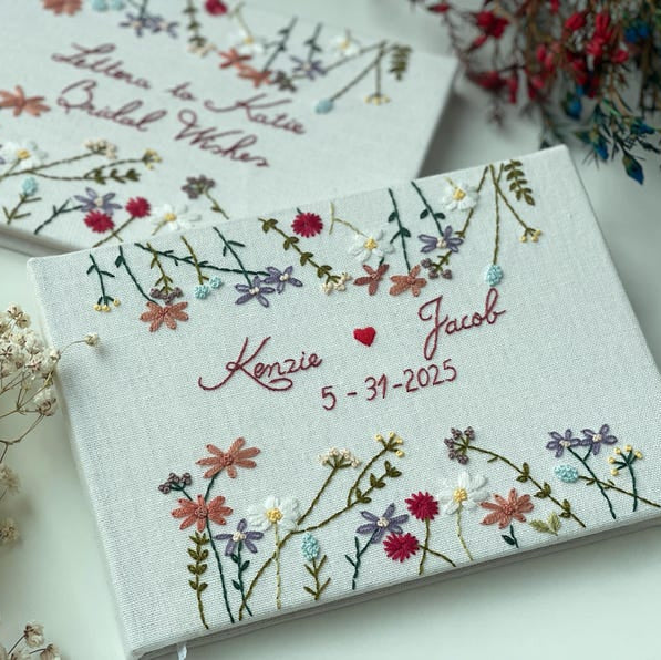 Custom Embroidered Linen Wedding Guest Book, Personalized Landscape Notebook, Hardbound Scrapbook