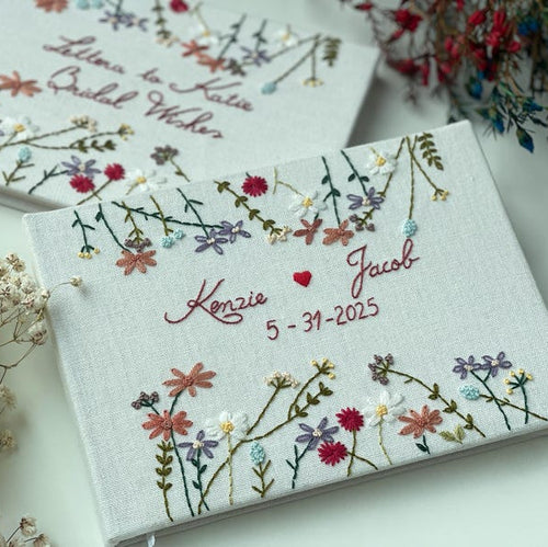 Custom Embroidered Linen Wedding Guest Book, Personalized Landscape Notebook, Hardbound Scrapbook