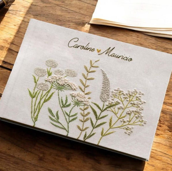 Custom Hand-Embroidered Fabric Notebook, Handmade Hardcover Diary, Personalized Wildflower Linen Wedding Notebook