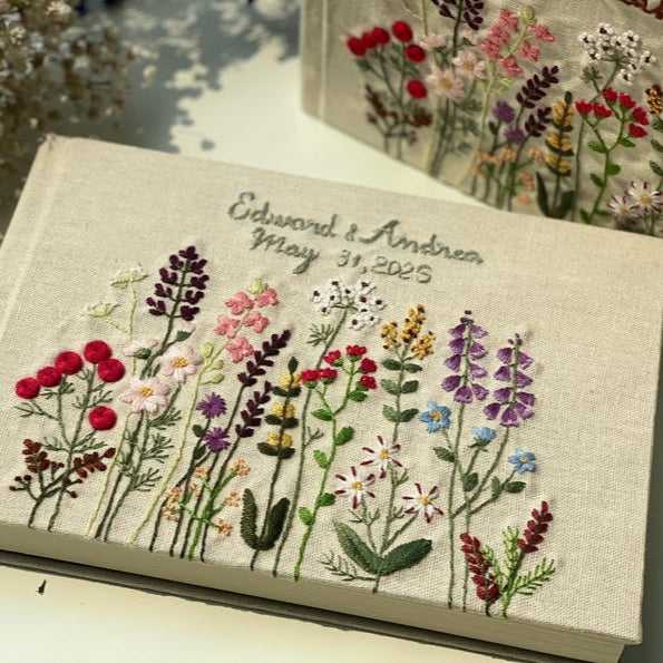 Custom Hand Embroidered Wildflowers Landscape Notebook, Memory Book, Hardbound Scrapbook
