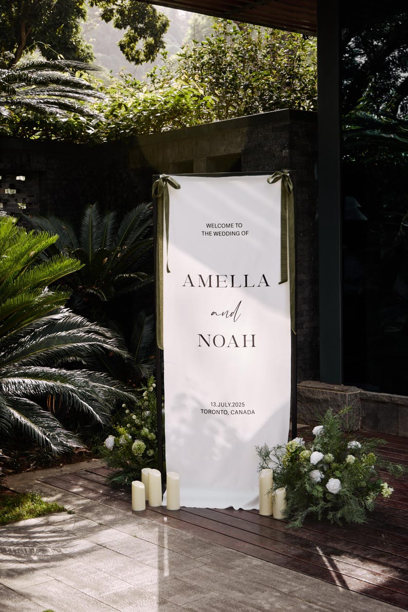 Custom Wedding Fabric Sign, Linen Wedding Welcome Sign, Modern Outdoor Wedding Banner, Engagement Party Sign