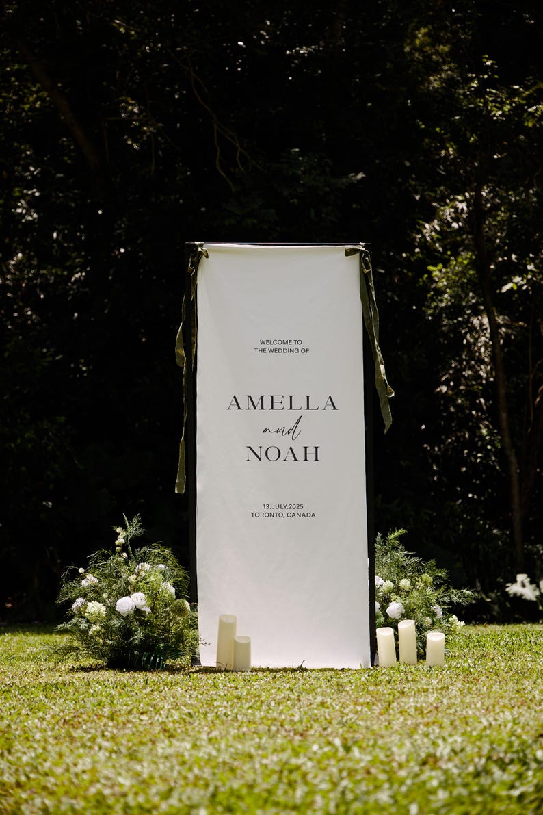 Custom Wedding Fabric Sign, Linen Wedding Welcome Sign, Modern Outdoor Wedding Banner, Engagement Party Sign