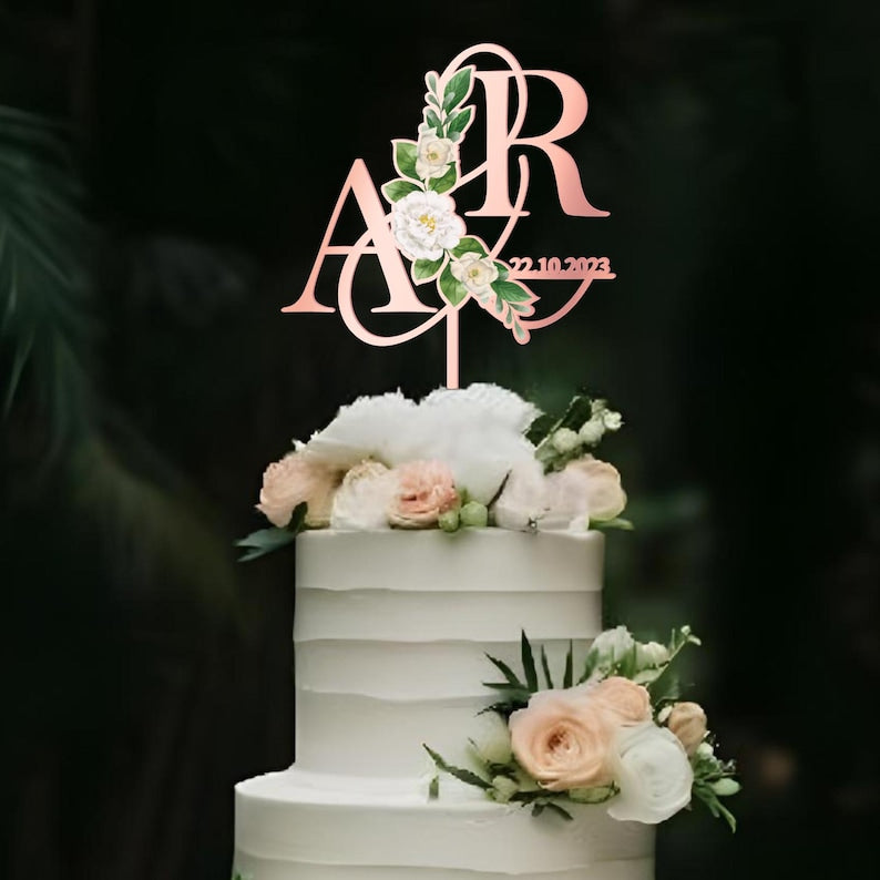 Custom Initials Date Engagement Cake Topper, Wedding Cake Decoration