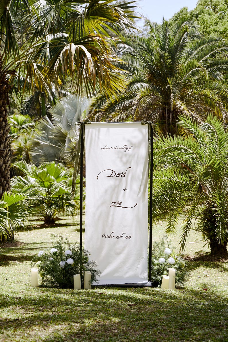 Custom Wedding Fabric Sign, Linen Wedding Welcome Sign, Modern Outdoor Wedding Banner, Engagement Party Sign
