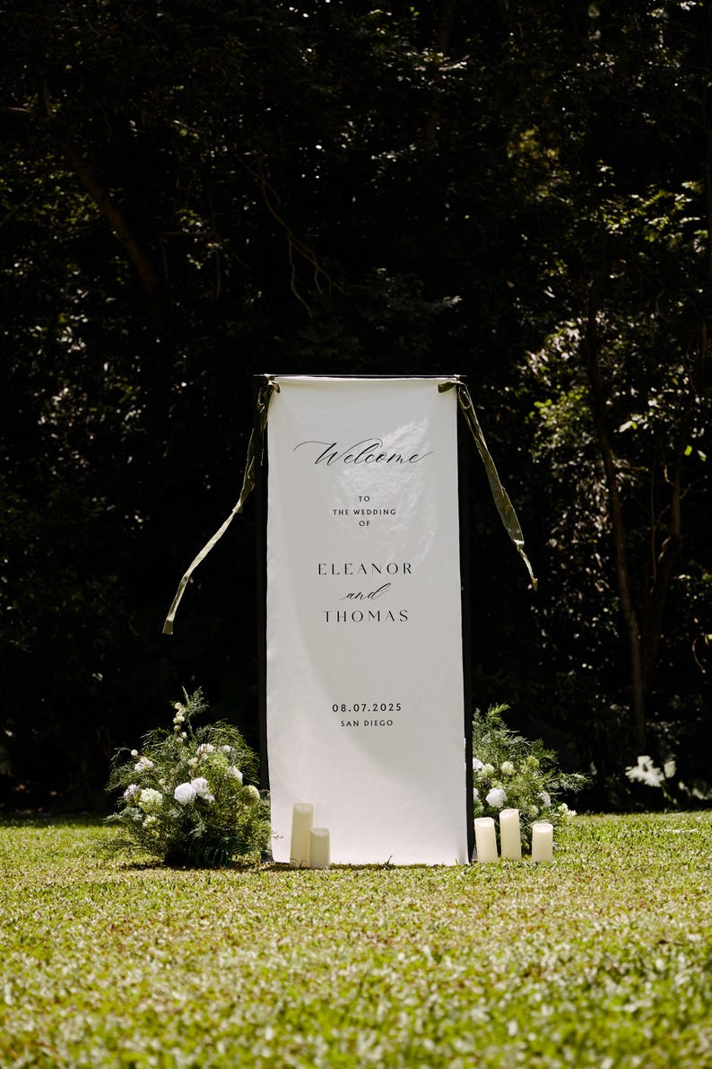 Custom Wedding Fabric Sign, Linen Wedding Welcome Sign, Modern Outdoor Wedding Banner, Engagement Party Sign