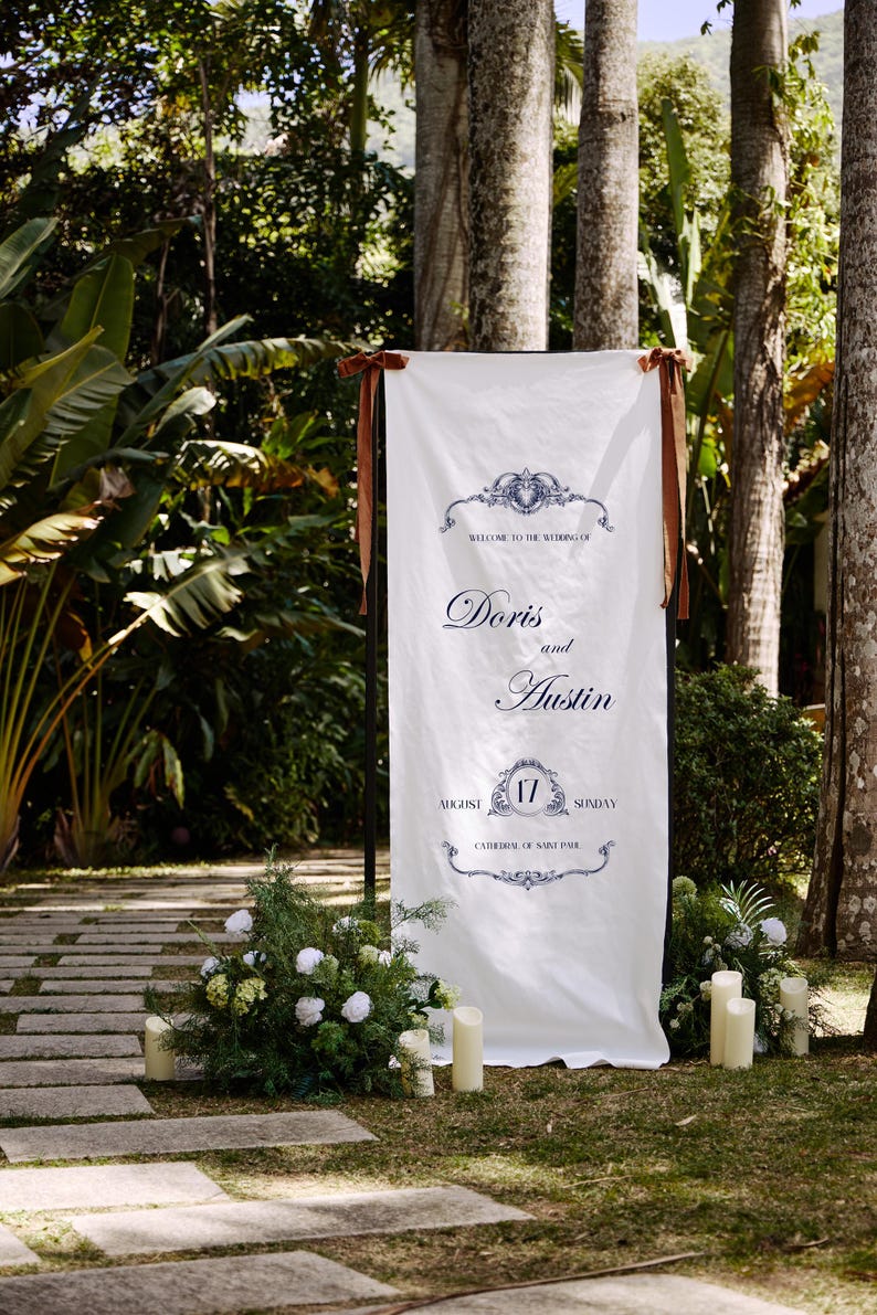 Custom Wedding Fabric Sign, Linen Wedding Welcome Sign, Modern Outdoor Wedding Banner, Engagement Party Sign