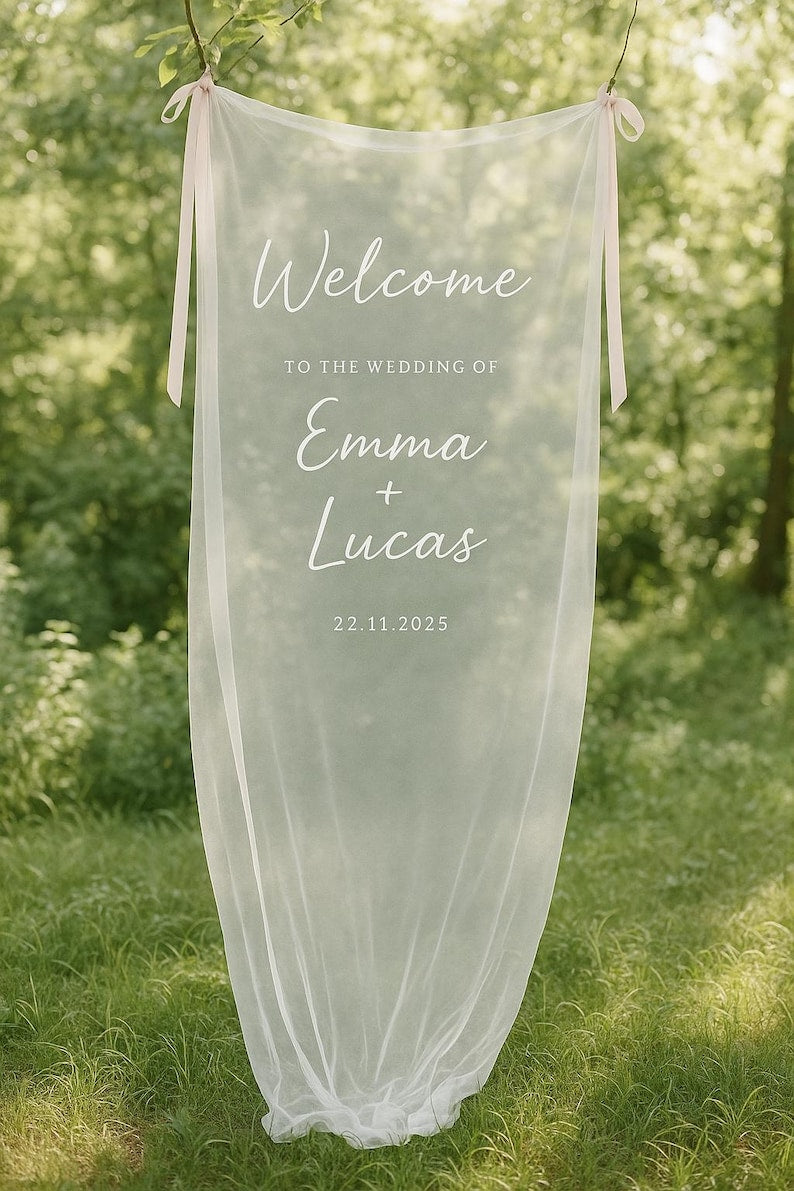 Personalized Sheer Wedding Sign, Custom Romantic Wedding Banner with Names, Wedding Ceremony Decor