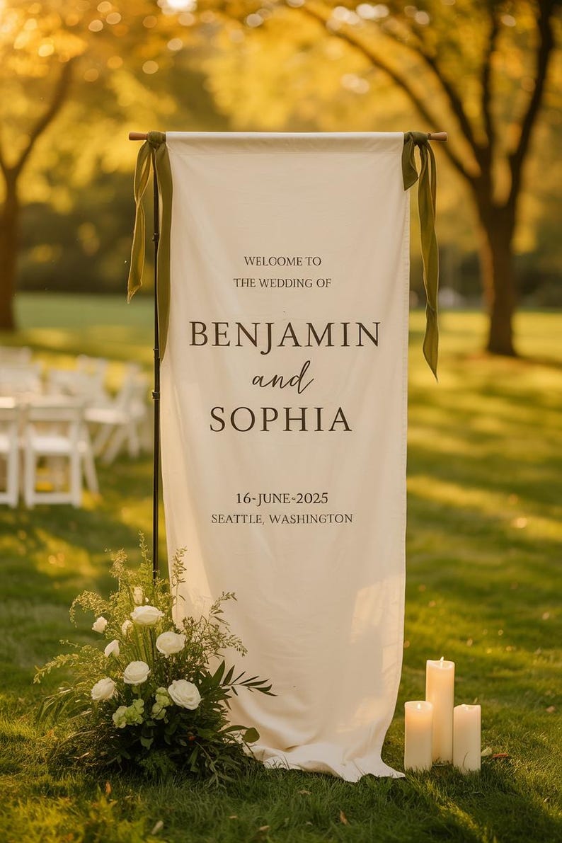 Personalized Fabric Wedding Sign, Custom Linen Banner with Names, Wedding Ceremony Decor