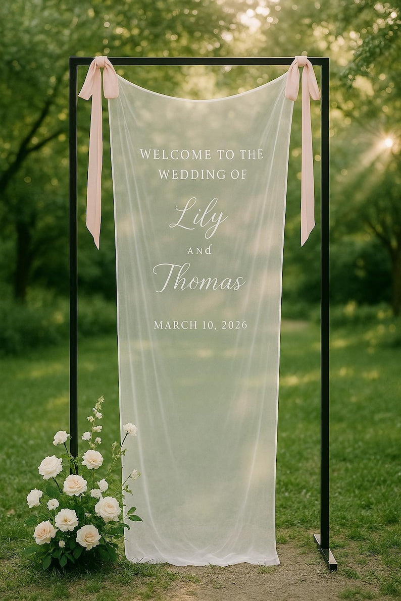 Personalized Sheer Wedding Sign, Custom Romantic Wedding Banner with Names, Wedding Ceremony Decor