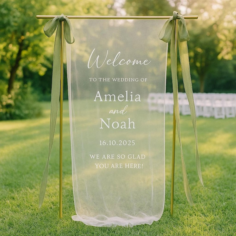 Personalized Sheer Wedding Sign, Custom Romantic Wedding Banner with Names, Wedding Ceremony Decor