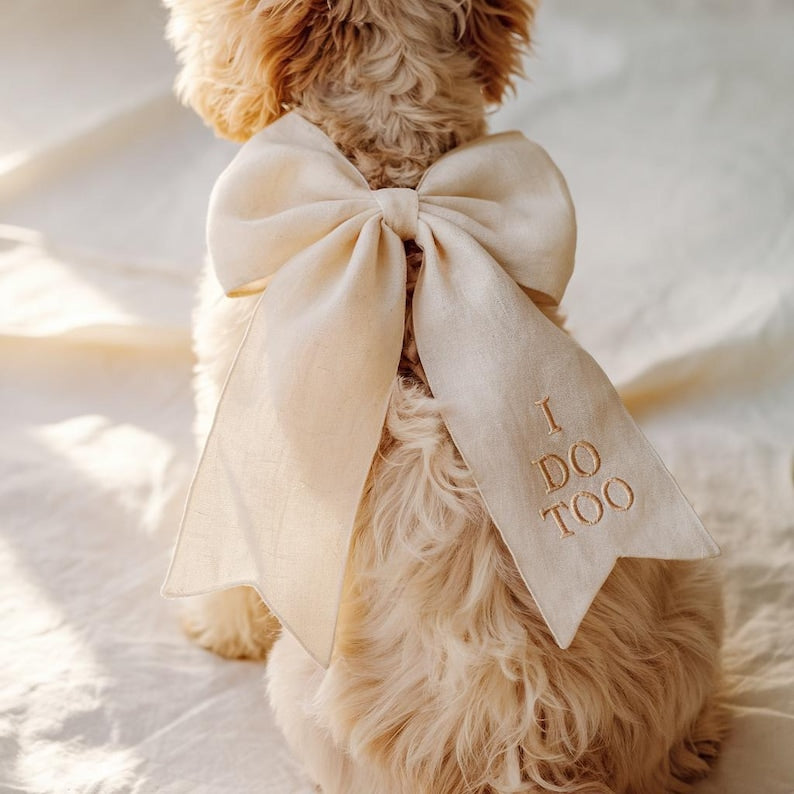 Personalized Linen Dog Bow, Embroidered Name Pet Collar Bowtie for Wedding, Proposal, Engagement