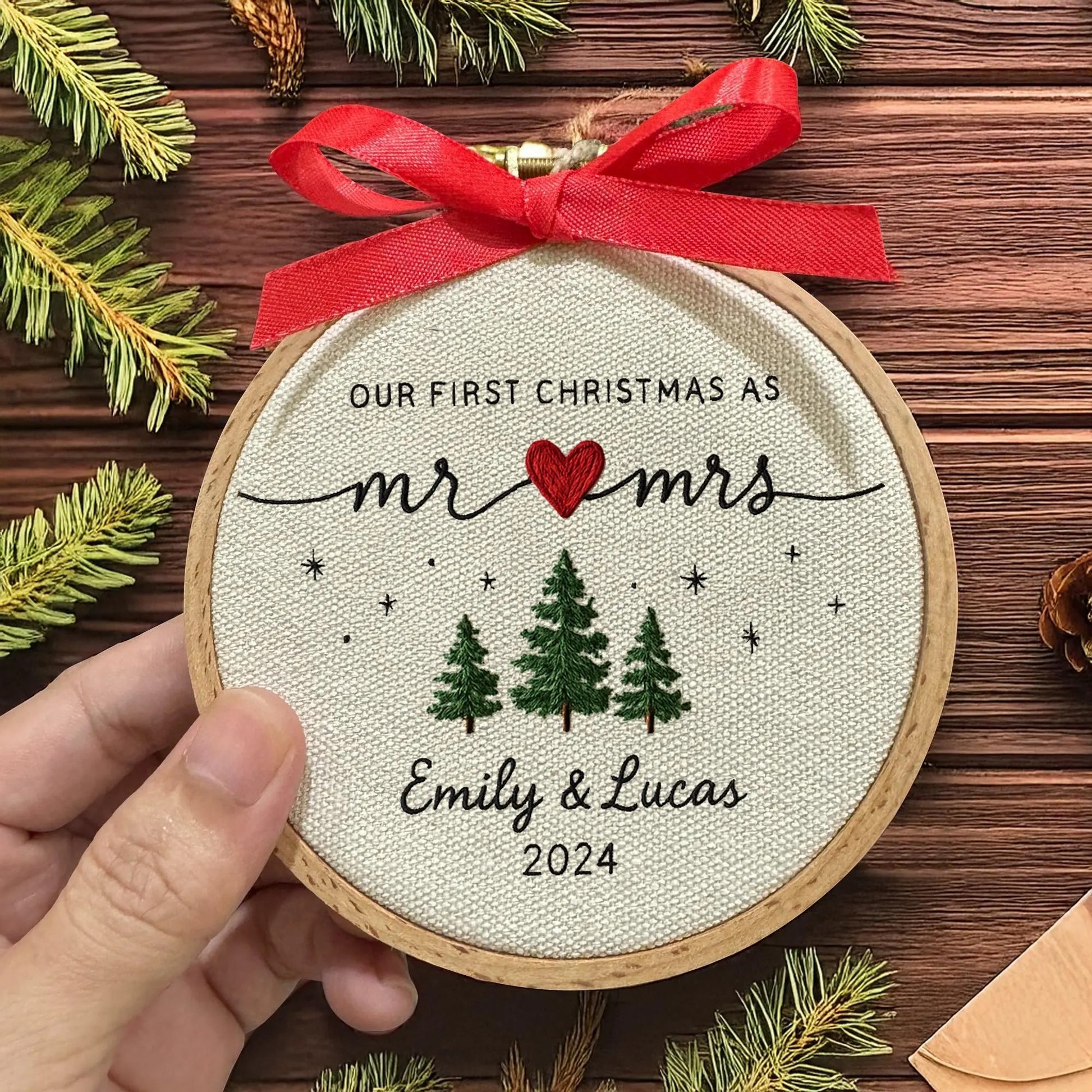 Cutsomize First Christmas as Mr & Mrs Ornament, Custom Embroidered Hoop, Wedding Gift, Couples Christmas Decoration
