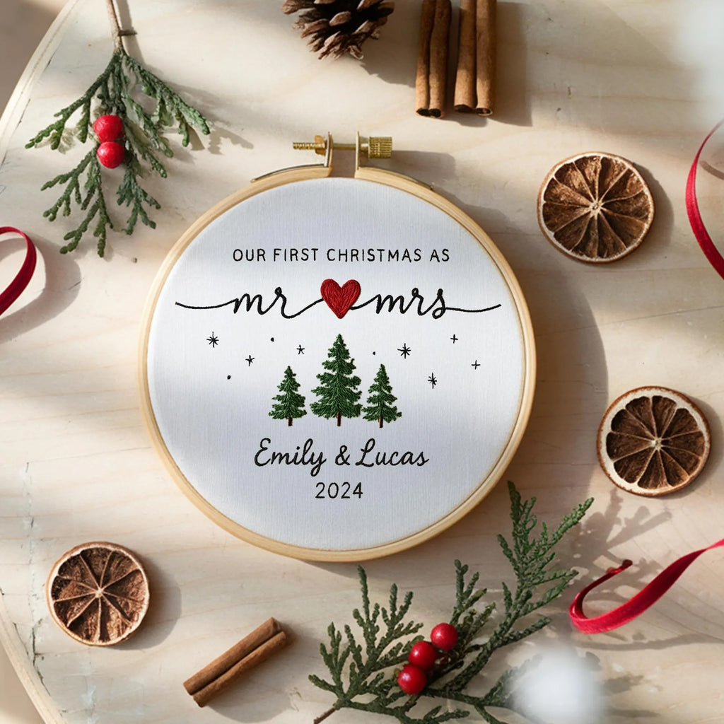 Cutsomize First Christmas as Mr & Mrs Ornament, Custom Embroidered Hoop, Wedding Gift, Couples Christmas Decoration