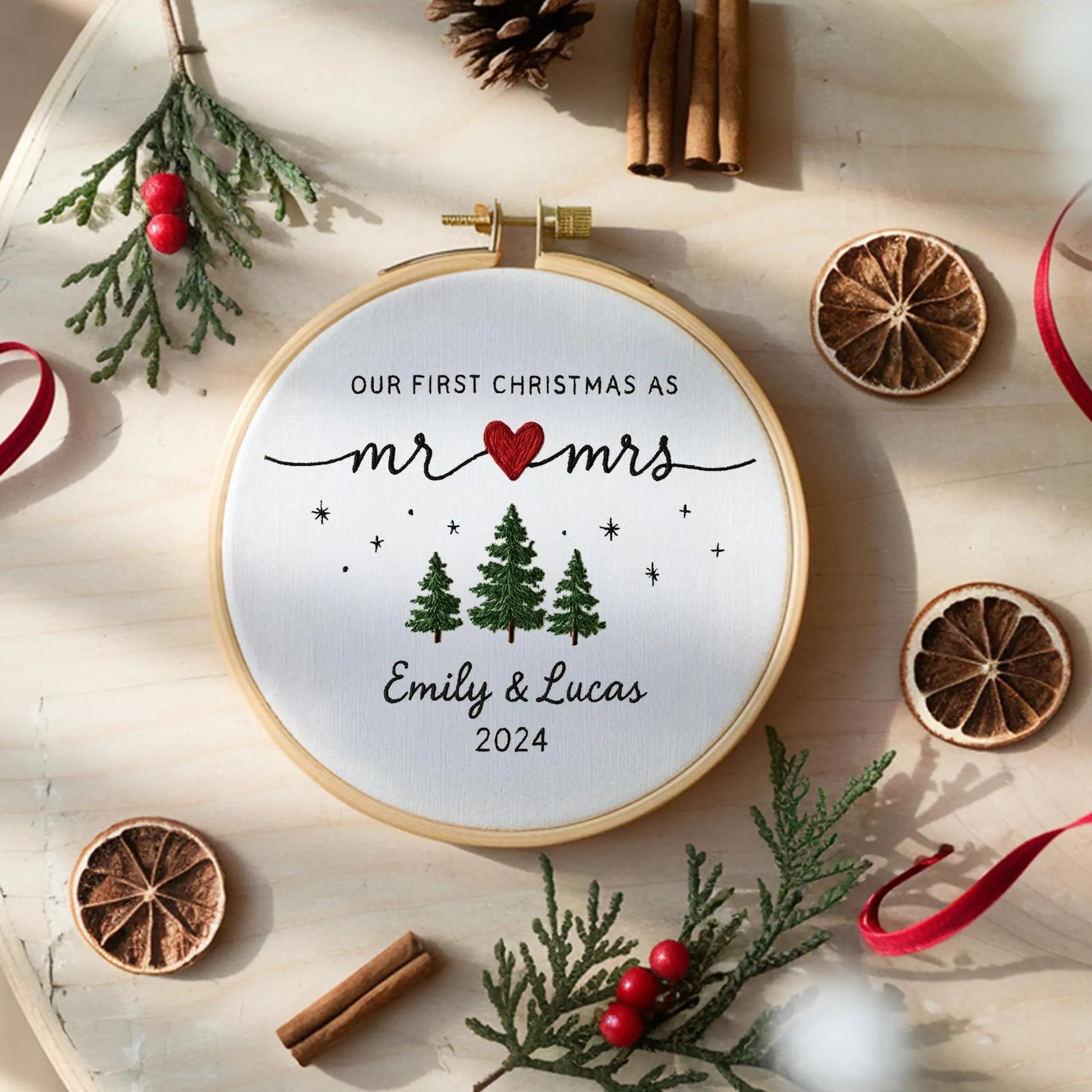 Cutsomize First Christmas as Mr & Mrs Ornament, Custom Embroidered Hoop, Wedding Gift, Couples Christmas Decoration