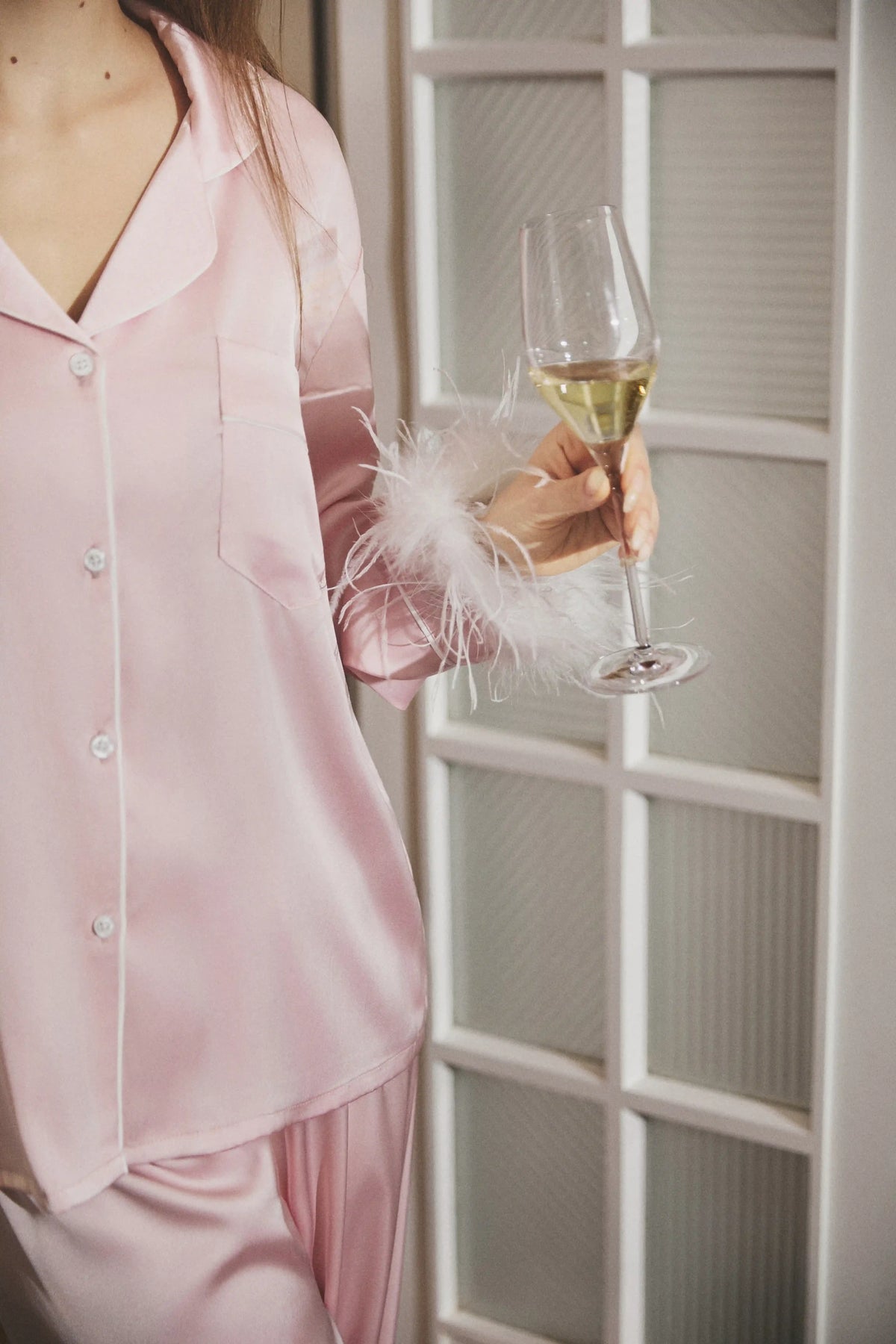 Odette Feather Satin Pajama Set in Baby Pink by Meezily, luxurious women's satin sleepwear for bridal mornings and elegant lounging
