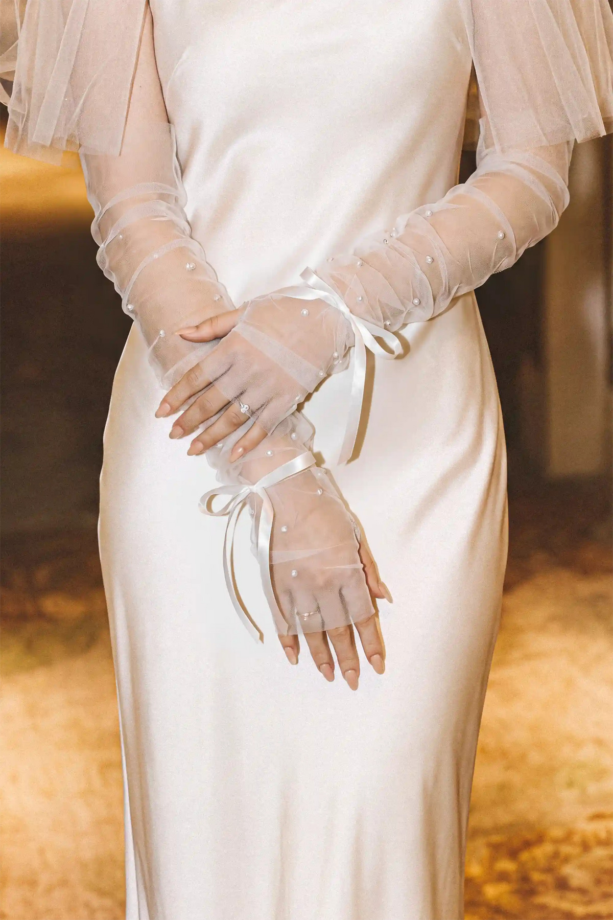 Opale Pearl Bow Gloves by Meezily, elegant bridal gloves featuring decorative pearl and bow details