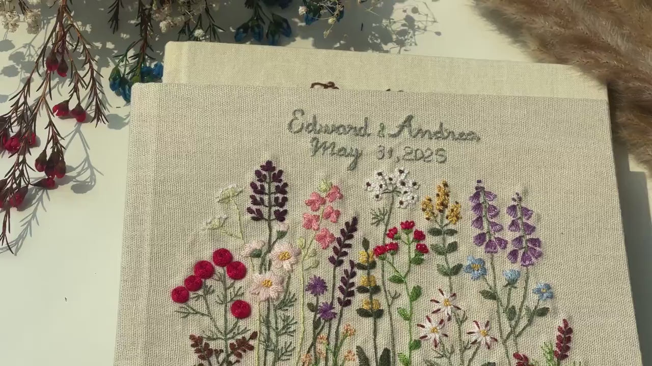 Custom Hand Embroidered Wildflowers Landscape Notebook, Memory Book, Hardbound Scrapbook
