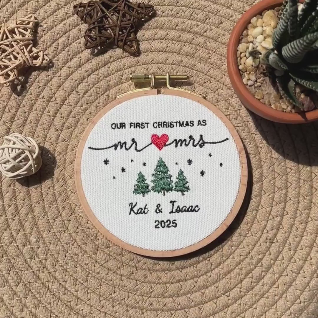 Cutsomize First Christmas as Mr & Mrs Ornament, Custom Embroidered Hoop, Wedding Gift, Couples Christmas Decoration