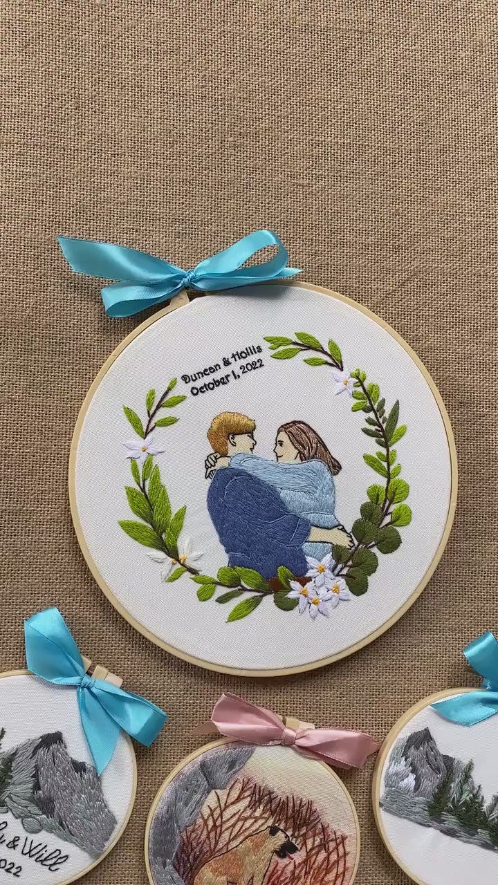 Custom Embroidered Portraits From Photo, Botanical Wedding Gifts, Anniversaries Gifts
