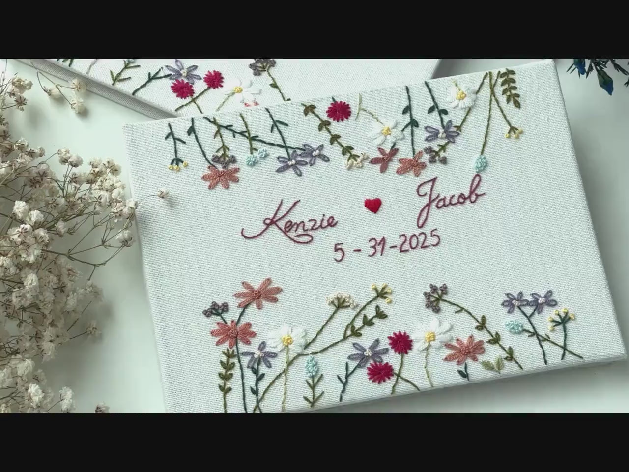 Custom Embroidered Linen Wedding Guest Book, Personalized Landscape Notebook, Hardbound Scrapbook