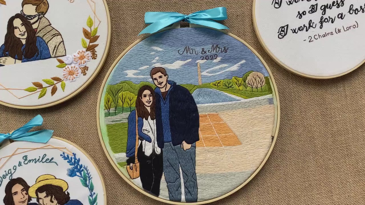 Custom Embroidered Portraits With Full Background, Personalized Gifts For Couple