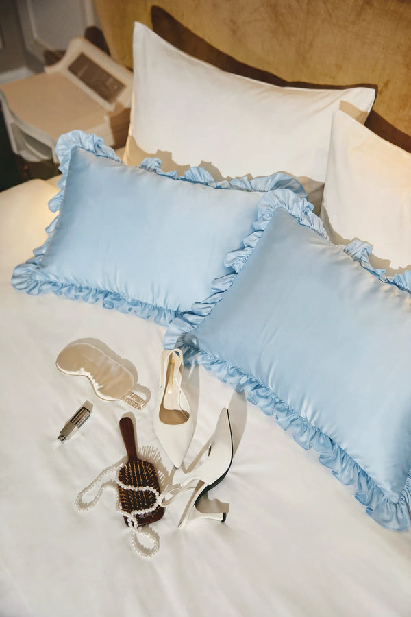 Ruffle Trim Satin Pillowcase in Baby Blue by Meezily – front view showcasing the elegant ruffled edge