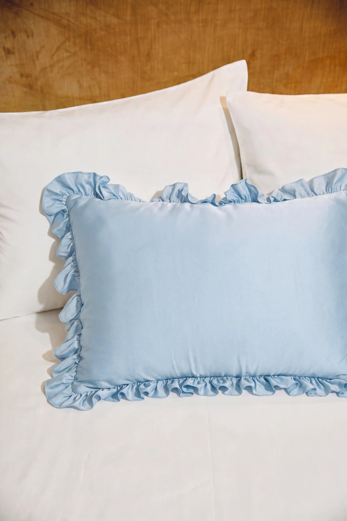 Ruffle Trim Satin Pillowcase in Baby Blue featuring delicate ruffle edging and a smooth satin finish
