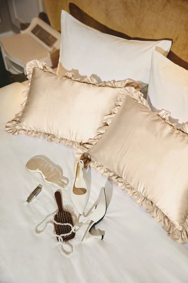 Ruffle Trim Satin Pillowcase in Champagne by Meezily, an elegant champagne satin pillowcase with a delicate ruffled edge
